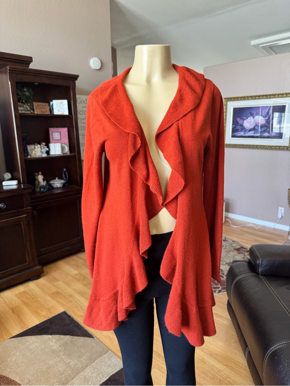 Vintage Suzie dark orange ruffled open front long sleeve cardigan-size L